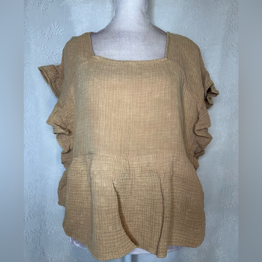 Tan Ruffled Peplum Blouse with Flutter Sleeves